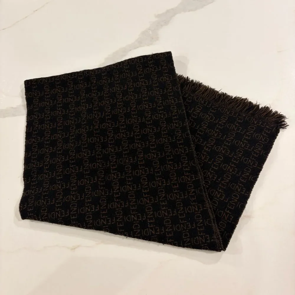 Fendi Zucca Monogram Vintage Wool Scarf -  Reversible Dark Brown and Black